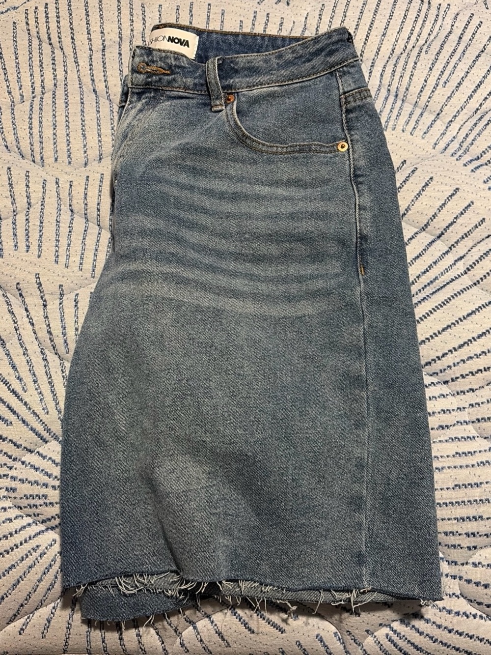 Fashion Nova Blue Straight Denim Skirt with Frayed Hem